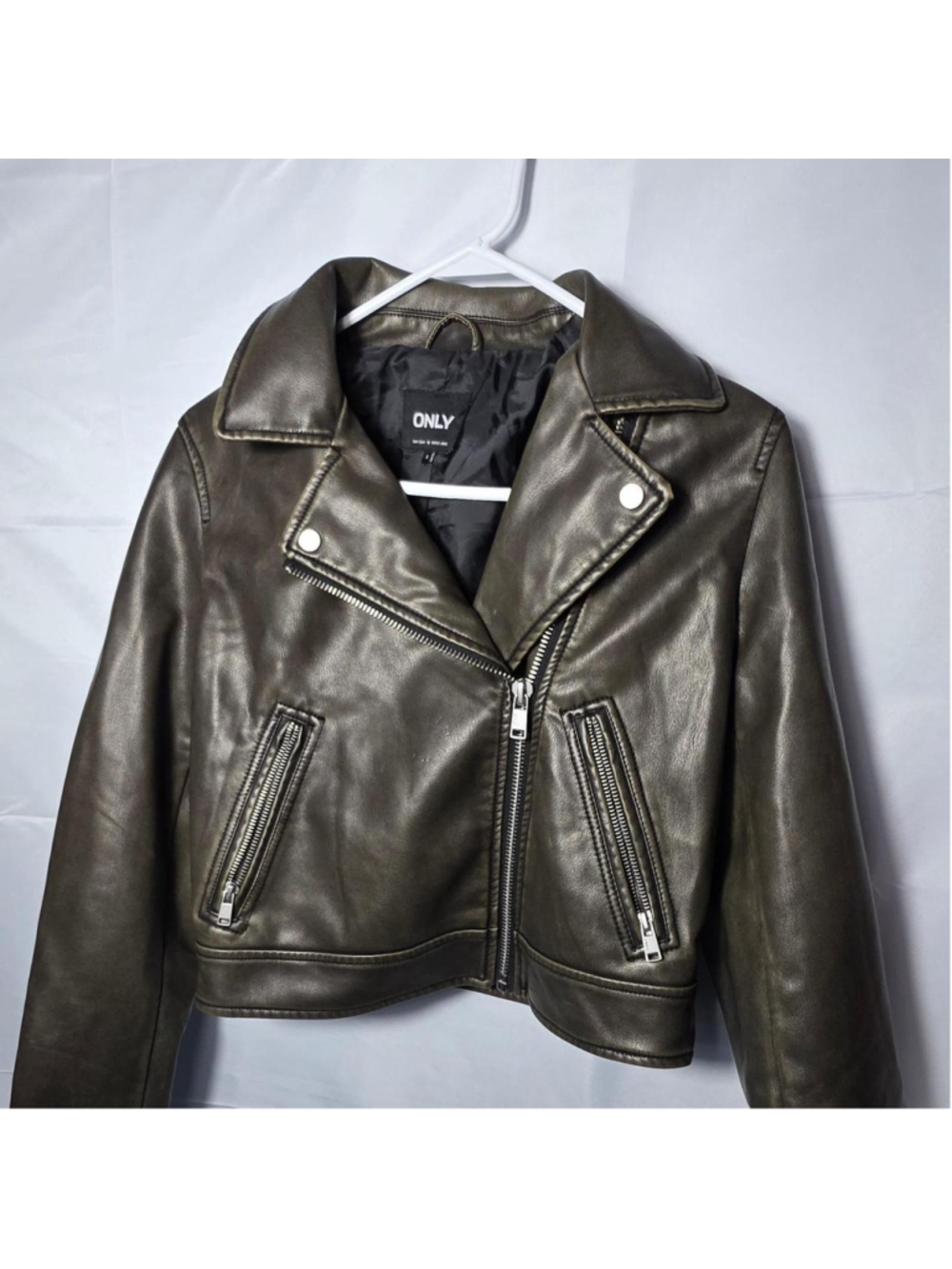 Only faux leather jacket size small dark olive excellent used condition #bikerco
